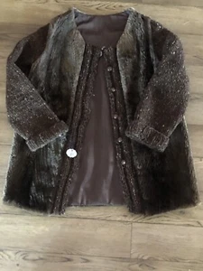 Vintage Fur w/ Knitted Sleeves Cardigan Jacket ~ Brown Sheared Muskrat ~Handknit - Picture 1 of 8