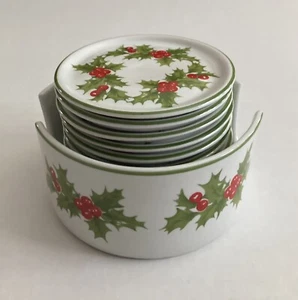 Schmidt Porcelain Coasters and Holder Christmas Holly Berries Brazil 11 Pcs EUC - Picture 1 of 7