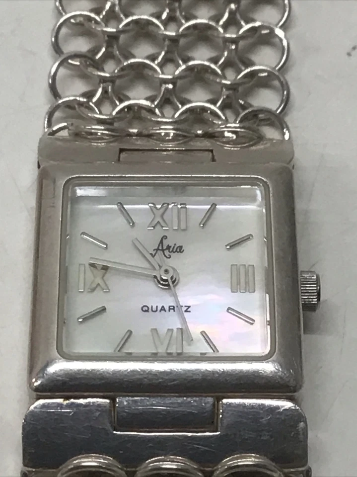 Reloj Aria de plata esterlina para mujer esfera cuadrada cadena correa de esmalte batería nueva 7" Foto 1 de 4