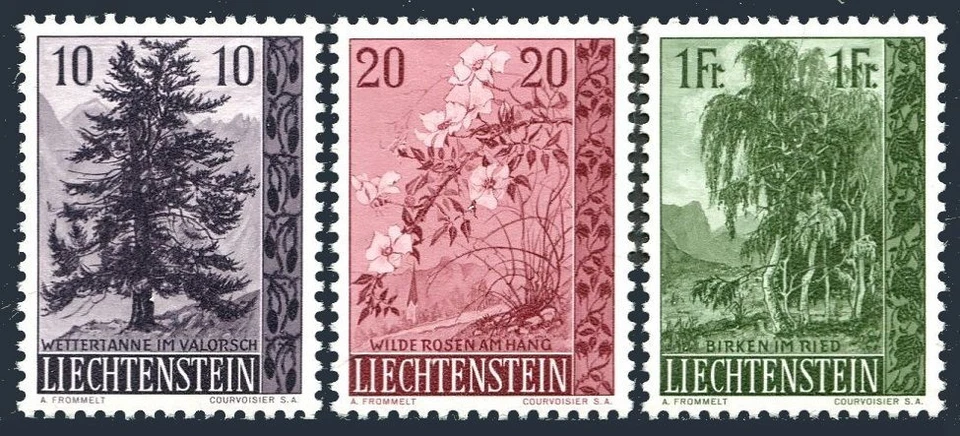 Liechtenstein 312-314, MNH. Mi 357-359. Trees 1957. Pine, Wild roses, Birches. - Image 1 of 1