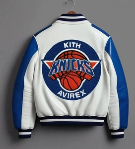 NBA New York Knicks Varsity Leather Jacket Kith Avirex Jacket With chenile Logo - Picture 1 of 5