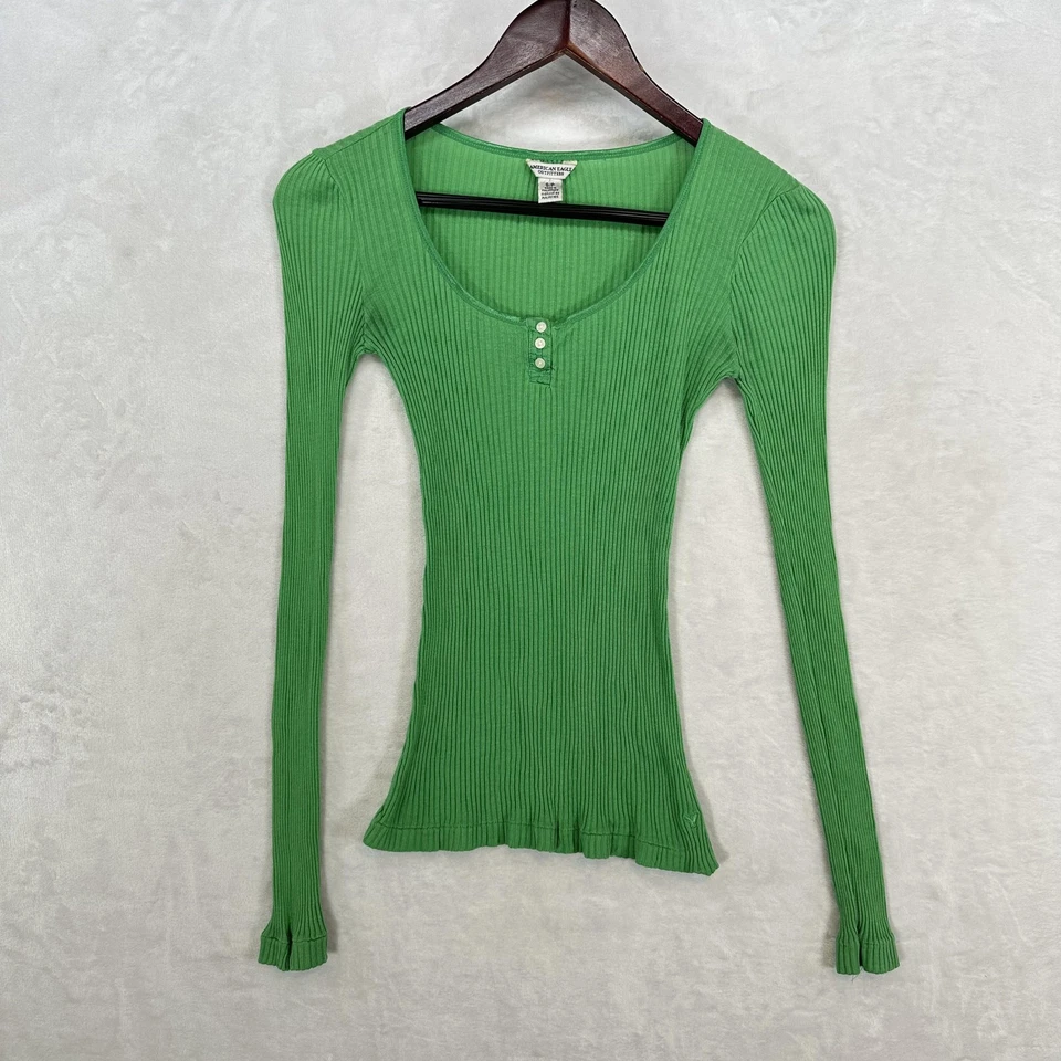 Vintage American Eagle Shirt Womens S Green Henley Long Sleeve Waffle Knit Bella - Image 1 of 4