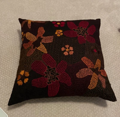 Crate And Barrel Gauguin Embroidered  Brown Floral  Pillow 18 x 18 - Image 1 of 4