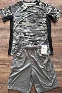 NWT Nike Boys YXL Gray/White/Black Graphic Print Dri-Fit Shorts Set XL - Picture 1 of 3