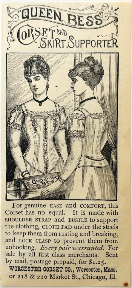 1886 Queen Bess espartilho e saia suporte anúncio Victorian Worcester DWKK27D - Imagem 1 de 1