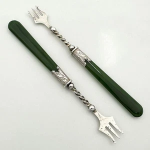 ANTIQUE PAIR NEW ZEALAND NEPHRITE AND SILVER PICKLE FORKS - Picture 1 of 6