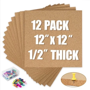 Cork Board Bulletin Board 12x12, 1/2 Thick Cork Board Tiles 12 Pack, Small Sq... - Picture 1 of 8