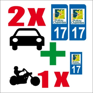 LOT 3 STICKERS 2 x AUTO+1 x MOTO STYLE PLAQUE IMMATRICULATION DEPARTEMENT 17 - Picture 1 of 1