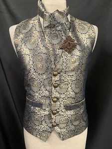 Gothic Steampunk Gunmetal & Gold Brocade Waistcoat /Cravat/pin Ensemble 38/40” - Picture 1 of 9