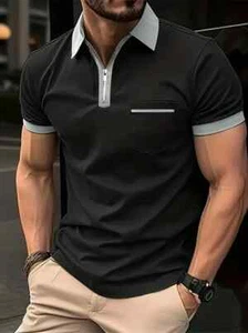 Polo T Shirt Mens Zipper Collar Black Gray Trim Zip Golf Pocket Tee Fashion Soft - Picture 1 of 3