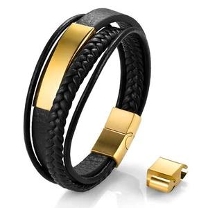 Men's Multi-layer Briaded Leather Magnetic Buckle Bracelet Bangle Free Engraving - Picture 1 of 22