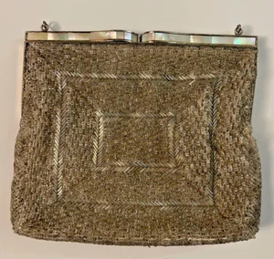 Vintage Silver Gray Beaded Mother of Pearl Handle Evening Bag Purse - Picture 1 of 6
