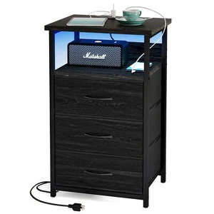 Night Stand with Charging Station, LED Nightstand with Fabric Drawers, End Ta... - Picture 1 of 8