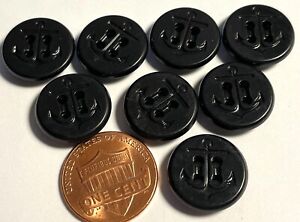 8 Vintage Glossy Black Anchor Nautical Sailing Plastic Buttons 5/8" 15.7mm 13492