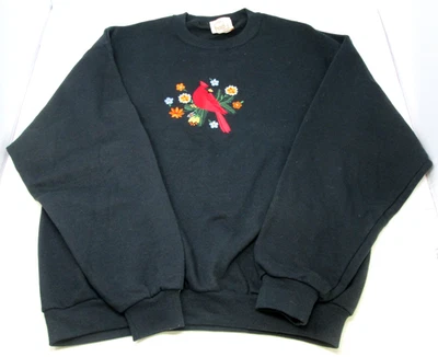 Vtg Peanut Butter n Jelly Sweatshirt Black Embroidered Cardinal Bird Granny Sz L - Image 1 of 4