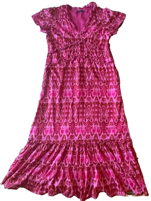 Vestido maxi LA PLAGE Mallory manga curta em camadas rosa vermelho xilogravura resort - Imagem 1 de 4