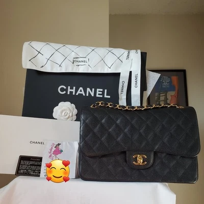 $12,200 CHANEL Classic black Caviar Gold hw Jumbo double Flap Bag Serial 24  - Image 1 of 4