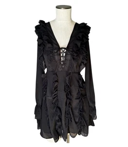 Lioness Chiffon Lace Front Sheer Black Ruffle Whimsigoth Mini Dress Sz M - Picture 1 of 13
