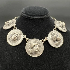 Vintage 1920 Walking Liberty Repoussé Coin Necklace Silver Toned Domed Medallion - Picture 1 of 16