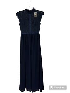Miusol Women's Medium  Formal Floral Lace Evening Party Lined Maxi Dress Navy