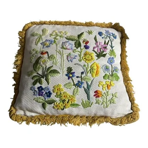 Handstitched Embroidered Floral Pillow 12 X 13 - Picture 1 of 6