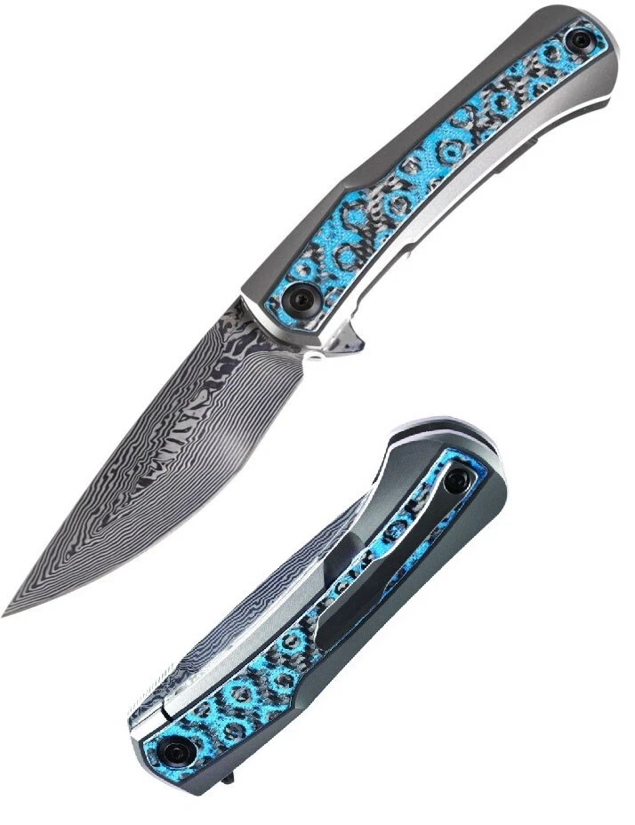 Kansept Knives Kratos Folding Knife Damascus Steel Titanium/Carbon Fiber K1024A4