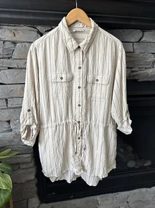 Calvin Klein Large Beige Black Stripe Cinched Waist Shirt Top Taschen Kordelzug - Bild 1 von 8