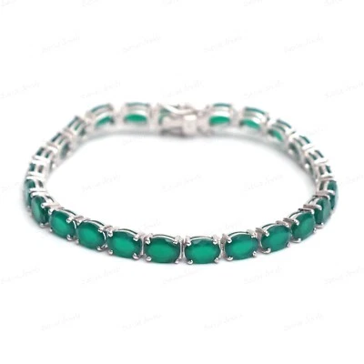 Brazalete de tenis de ónix verde 925 de plata esterlina maciza con piedras preciosas ovaladas regalo para ella Foto 1 de 4