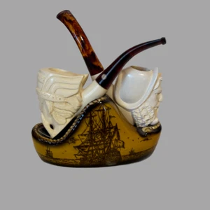 Vintage Briar Estate Tobacco Pipe Set 2 Meerschaum Display Pirate Ship Face RARE - Picture 1 of 11