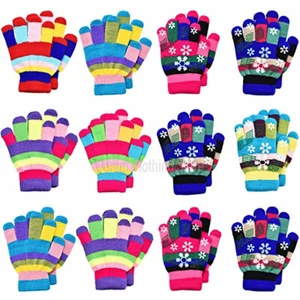 12 Pair Boy Girl Kids Gloves Warm Winter Gloves Mittens Knit Striped Snowflake - Picture 1 of 11