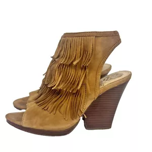 Vince Camuto Brown Jadon Open-Toe Fringe Ankle Booties 4”Block Heel Size 6 - Picture 1 of 17