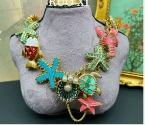 3 Antique Enamel Starfish Shell Lobster Pearl Necklace Bracelet Earring Set - Picture 1 of 3