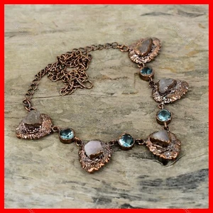 Copper Rose Quartz Rough Gemstone Swiss Blue Topaz Electroformed Chain Necklace - Picture 1 of 6