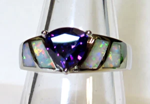 Silver Ring Size 7 White Lab Fire Opal Inlay 6mm * 6mm Amethyst New Old Stock - Picture 1 of 10