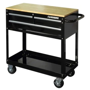 Husky Rolling Tool Cart 36"x17" 3-Drawer Hardwood Top Standard Duty Gloss Black - Picture 1 of 12
