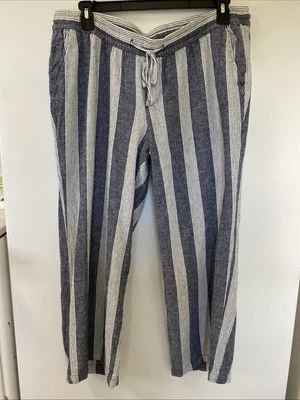 Pantalones Old Navy Mujer Azul Marino Blanco Rayas Pierna Ancha Mezcla Lino Talla XL. Foto 1 de 4