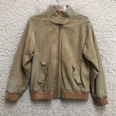 ВИНТАЖНЫЙ Avanti куртка большой молодежи коричневый кожаный полный молнии Bomber открытый 90-х мальчиков - Изображение 1 из 4