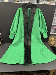 ASHRO Long Green Coat - Black Faux Fur Trimmed (Size M) 52” Length - Picture 1 of 18