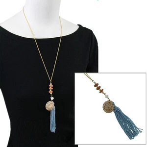 Light Blue Tassel Pendant Necklace Natural Shell Gold Tone Vintage Parts 24" - Picture 1 of 5