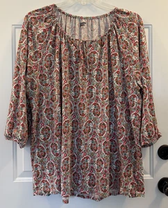 Lands End 2X Red Pink Floral 3/4 Sleeve Knit Peasant Shirt Tunic Tie Boho - Picture 1 of 8
