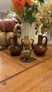 Vtg Hand Blown Glass Mid-Century Amber Cruets And Amber Oil Lamp Decorative Use - Picture 1 of 15