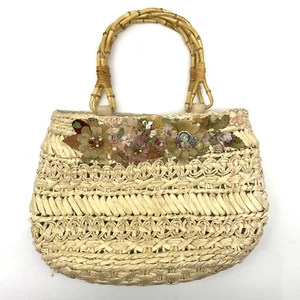 Vintage 90s Cappelli Straworld Woven Straw Wooden Handle Floral Applique Handbag - Picture 1 of 16