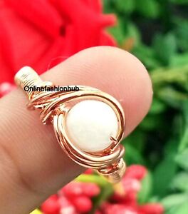 Moonstone Gemstone Beads Handmade Rose Gold Copper Wire Women's Ring sz 8.5