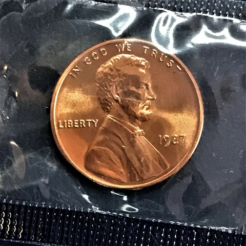 1987 P Lincoln Cent Penny Brilliant Uncirulated from Sealed Mint Set in Cello BU Cover