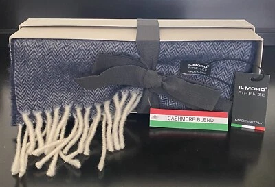 Bufanda de lana y cachemir IL MORO FIRENZE azul con flecos hecha en Italia Foto 1 de 4