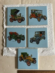 5 Vtg Crown Tiles Antique Cars Cadillac Fiat Daimler Dion Bouton Ford Model T - Picture 1 of 8