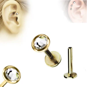 Gold Extra Flach Lippen Ohr Helix Tragus Stecker Kristall Platte Labret Piercing - Bild 1 von 2