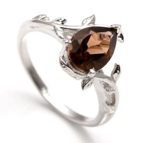 Best Quality Smoky Quartz Pear Shape Leaf Ring Solid Silver Lightweight Jewelry - Picture 1 of 24