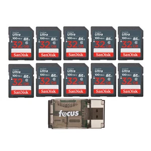 SanDisk 32GB Ultra SDHC UHS I Memory Card 10 Pack with USB Card Reader Bundle - Picture 1 of 8