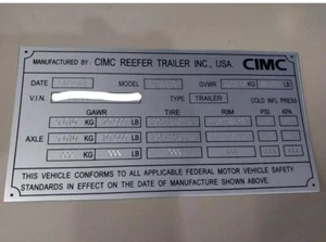 Aluminum Data Plate Fit For CIMC Truck Trailer Engraved - Picture 1 of 1